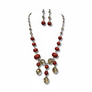 Hand Crafted  Dark Orange & Facted Clear Glass Bead Dangle Necklace Earring Set